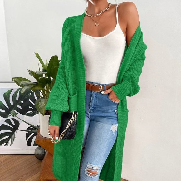 Green Preppy Womens Double Pocket Drop Shoulder Duster Cardigan - Picture 4 of 5